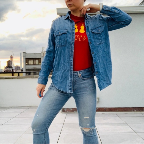 AEO Embroidered Floral Oversized Shirt Jean Top - Picture 8 of 16